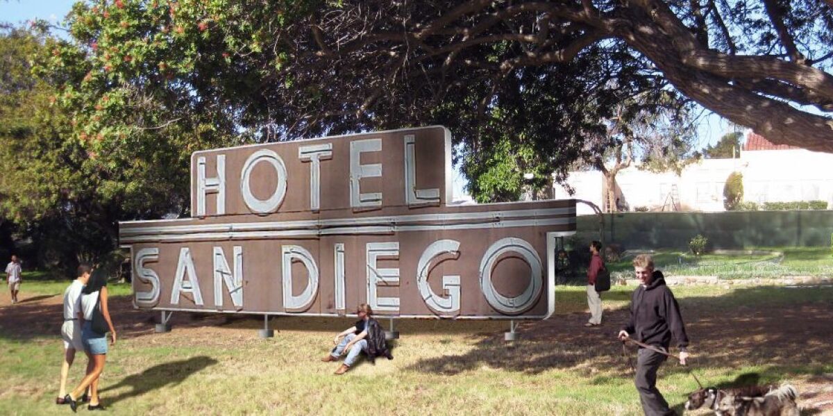 The Hotel San Diego would be relocated and remounted on the ground at Liberty Station's NTC Arts District, as this photo illustration shows. — OBR/Christoper Bittner