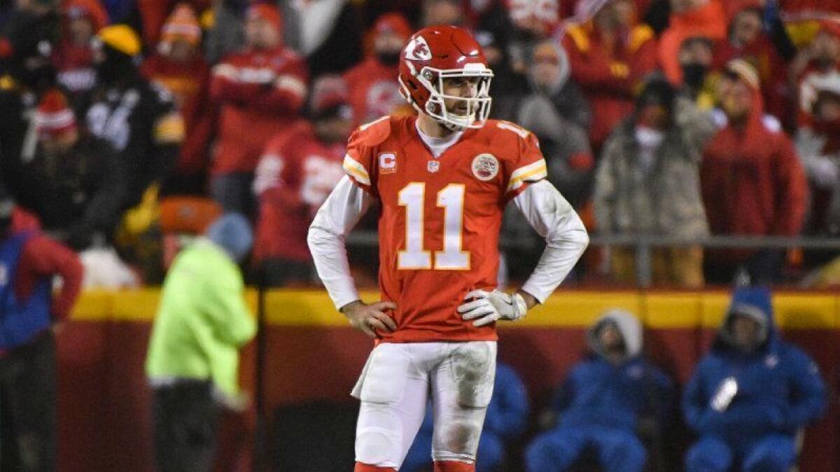 Kansas City quarterback Alex Smith looks on during the second half of the Chiefs' 18-16 loss to the Pittsburgh Steelers in a divisional playoff game on Jan. 15.