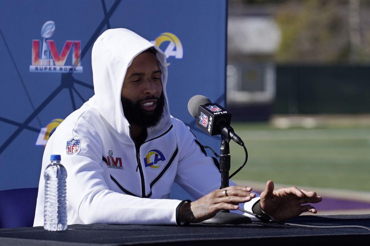 Los Angeles Rams wide receiver Odell Beckham Jr. speaks during a media availability for an NFL Super Bowl football game Friday, Feb. 11, 2022, in Thousand Oaks, Calif. The Rams are scheduled to play the Cincinnati Bengals in the Super Bowl on Sunday. (AP Photo/Mark J. Terrill)