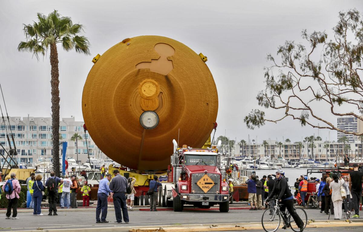 The shuttle external fuel tank that arrived in Marina del Rey on Wednesday will be on the move Saturday as it makes its way to the California Science Center.