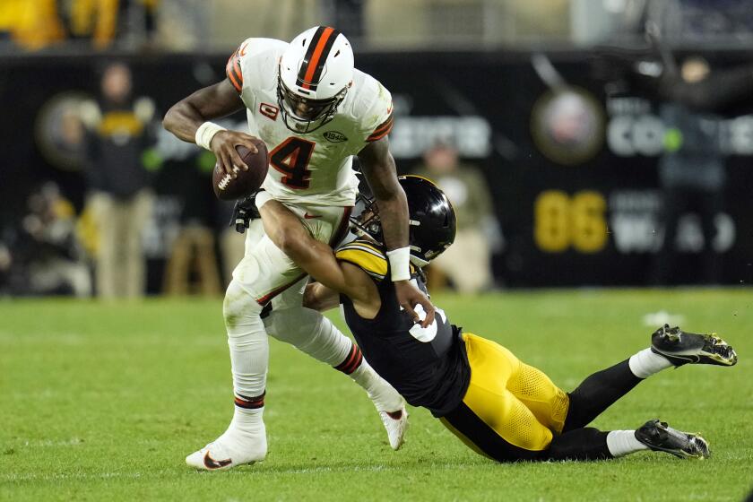 Cleveland Browns quarterback Deshaun Watson is sacked by Pittsburgh Steelers safety Elijah Riley during the second half of an NFL football game Monday, Sept. 18, 2023, in Pittsburgh. (AP Photo/Gene J. Puskar)