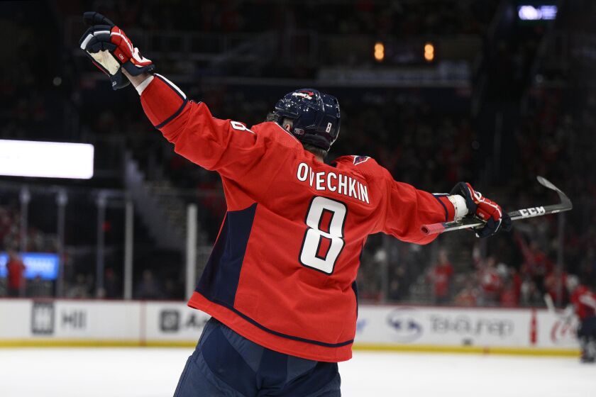 Washington Capitals left wing Alex Ovechkin celebrates his goal against the Pittsburgh Penguins during the first period of an NHL hockey game Thursday, Jan. 26, 2023, in Washington. (AP Photo/Nick Wass)