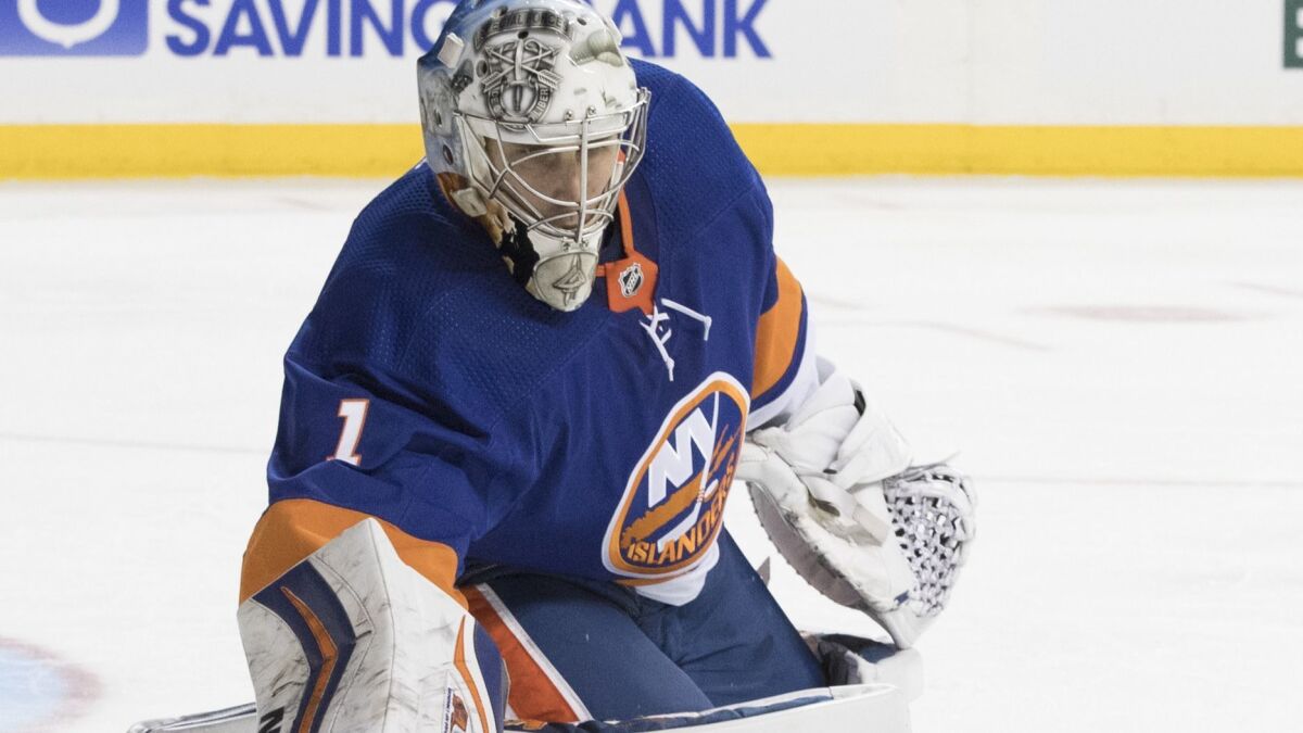 New York Islanders goaltender Thomas Greiss makes a save during the first period against the Nashville Predators on Oct. 6.