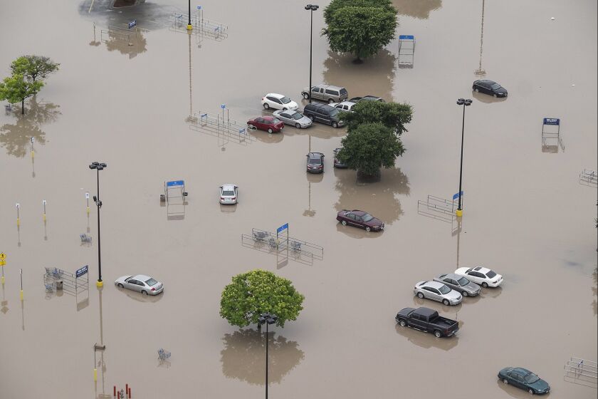 A Wal-Mart parking lot is submerged after the San Marcos River flooded in San Marcos, Texas.