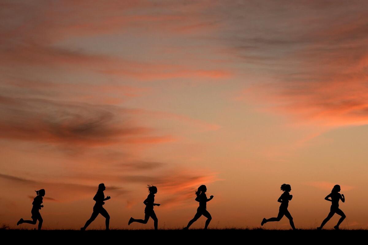 FILE - High school students run at sunset as they practice for the track and field season Monday, Feb. 28, 2022, in Shawnee, Kan. New research hints that even simple exercise just might help fend off memory problems. While physical activity helps keep healthy brains fit, it's not clear how much it helps once memory starts to slide. (AP Photo/Charlie Riedel, File)