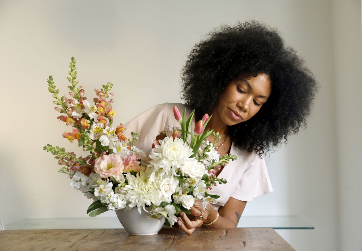 Schentell Nunn created this flower-rich arrangement in a Crate & Barrel cereal bowl.