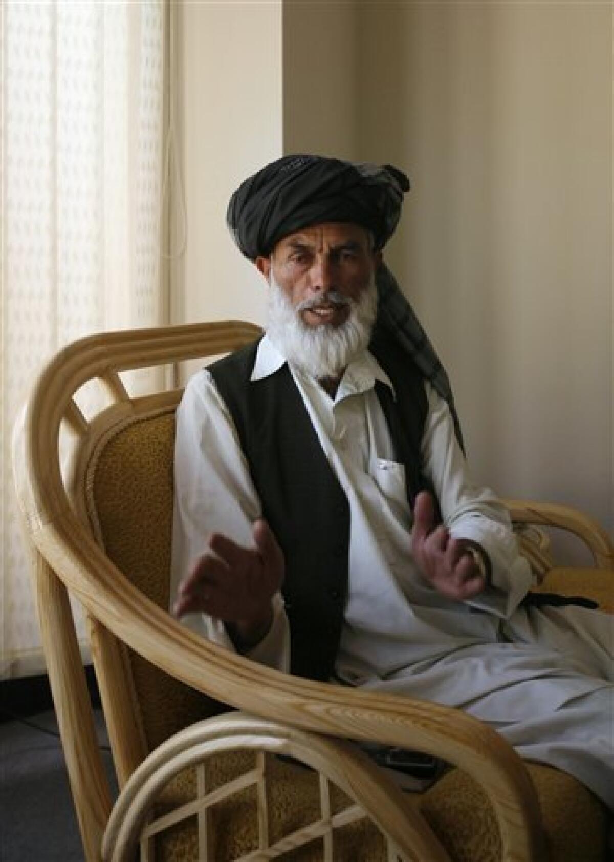 In this photo taken Sept. 11, 2009, Pashtun tribal elder Khaki Jan Zadran, 55, gestures during an interview with The Associated Press, in Kabul, Afghanistan. Zadran said that he hasn't been able to return to his village in Afghanistan's Paktia province after Taliban-allied gunmen threatened him for his work on the Provincial Council. (AP Photo/Manish Swarup)