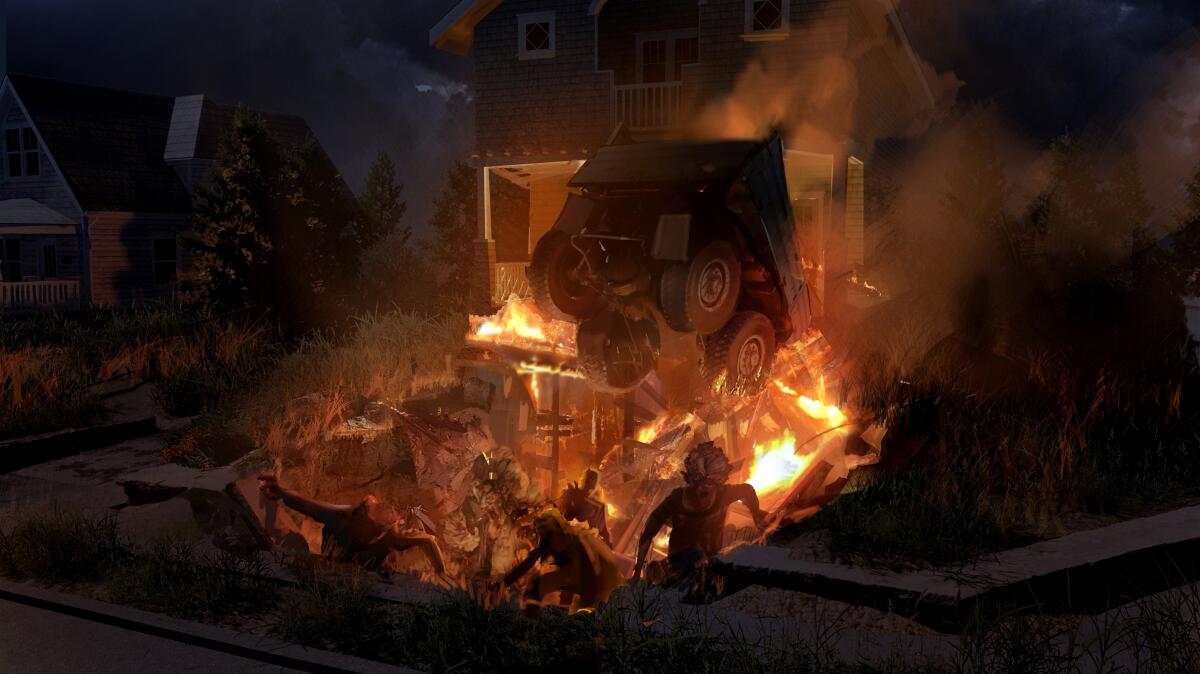 In concept art from "The Last of Us," a suburban street collapses, freeing a horde of the infected.
