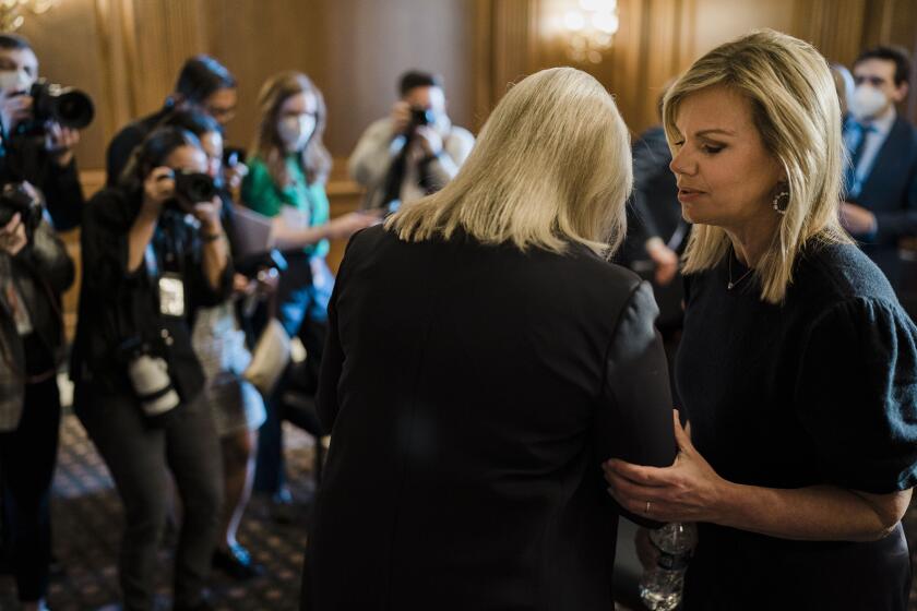 WASHINGTON, DC - FEBRUARY 10: Former Fox News anchor Gretchen Carlson speaks with Sen. Kirsten Gillibrand (D-NY) following a news conference on the passage of the Ending Forced Arbitration of Sexual Assault and Sexual Harassment Act on Capitol Hill on Thursday, Feb. 10, 2022 in Washington, DC. The bipartisan legislation will prevent perpetrators from being able to push survivors of sexual harassment and sexual assault into the secretive, biased process of forced arbitration (Kent Nishimura / Los Angeles Times)