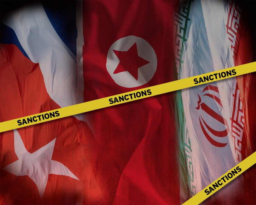 Flags of Cuba, North Korea and Iran with caution-tape inspired strips of yellow tape saying "sanctions." 