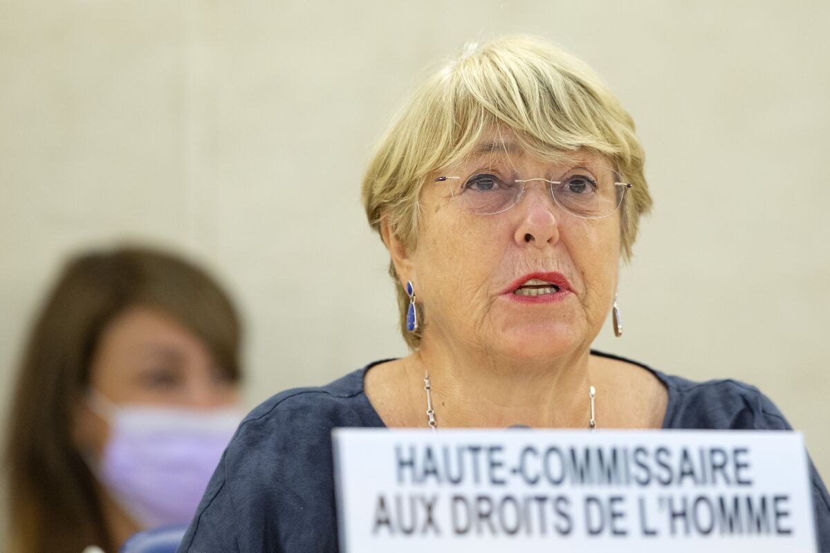 U.N. High Commissioner for Human Rights Michelle Bachelet addresses her statement, during the 48th session of the Human Rights Council, at the European headquarters of the United Nation, in Geneva, Switzerland, Monday, Sept. 13, 2021. (Salvatore Di Nolfi/Keystone via AP)