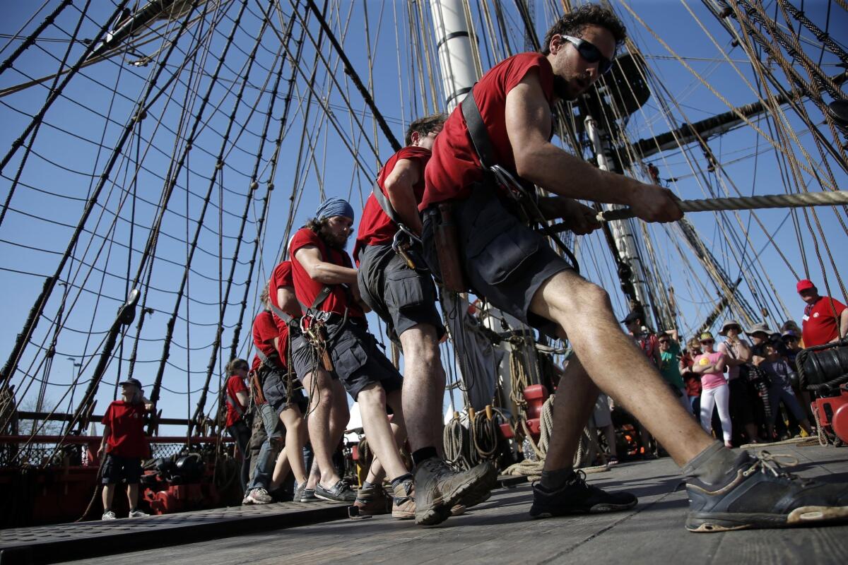 Sailors of the three masts of the 213-feet-long frigate Hermione train as part of preparations to sail across the Atlantic, in La Rochelle, southwest France, on April 14.