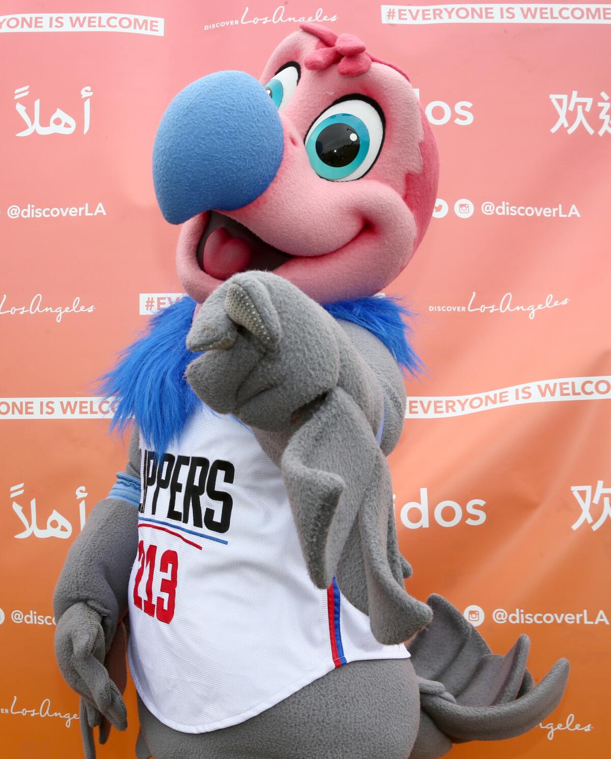 LA Clippers Mascot welcomes visitors to L.A. during Discover Los Angeles's Everyone is Welcome event.