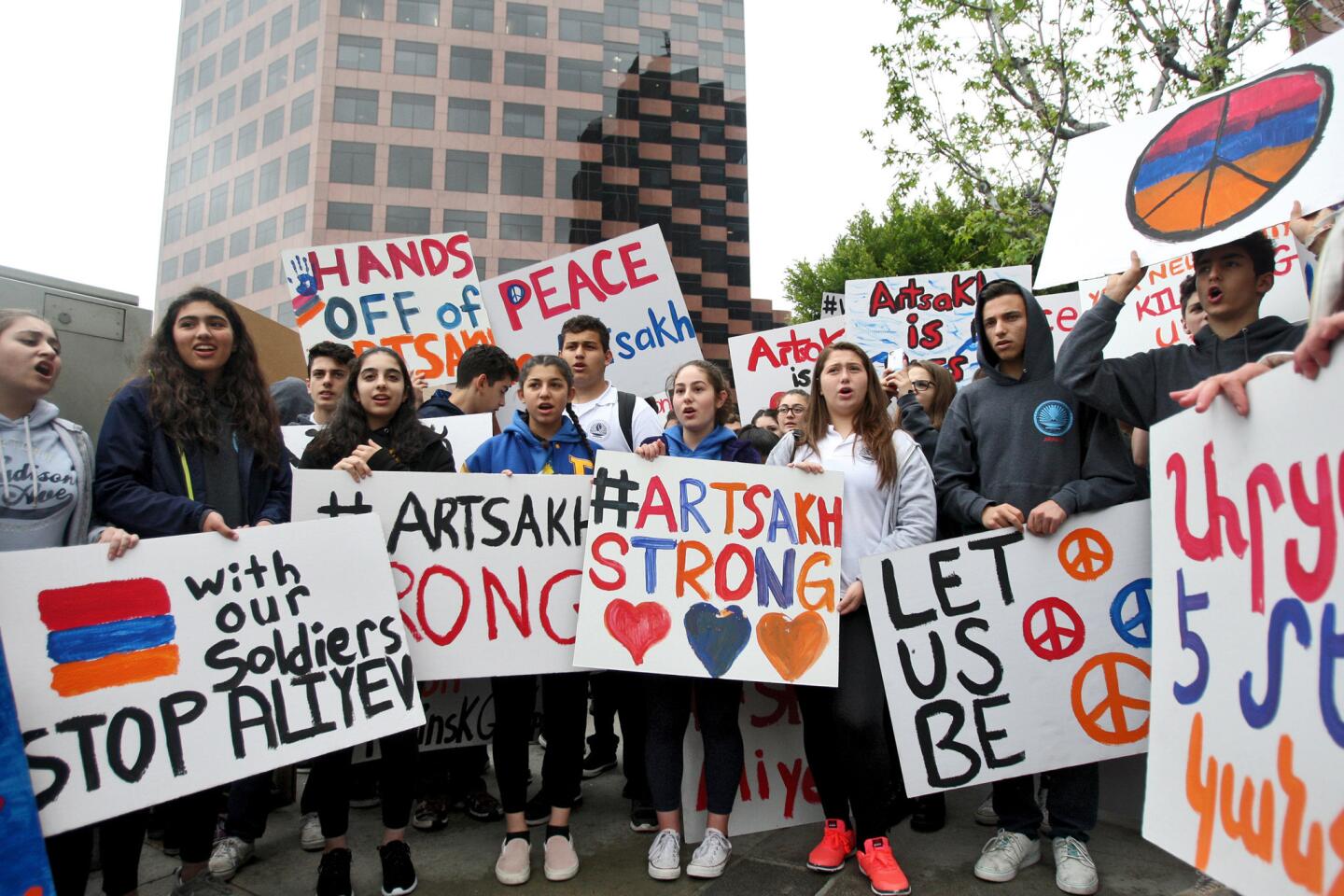 Students protest outside the Azerbaijan Consulate in Los Angeles on Friday, April 8, 2016. A few thousand people chanted and held signs on the 11,700 bock of Wilshire Blvd., where the consulate offices are located, over the recent attacks on the Nagorno-Karabakh Republic.