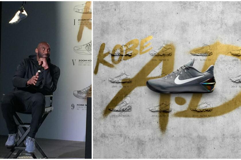 Kobe Bryant appears at Tuesday's unveiling of the Kobe A.D., his 12th signature sneaker with Nike. At right, the new shoe displayed against images of the previous 11 iterations.