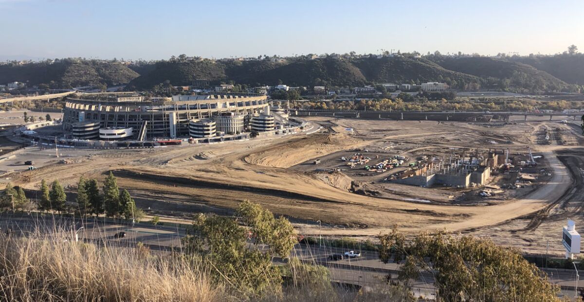 Vertical construction is evident now at the SDSU Mission Valley site where the new Aztec Stadium is being built.