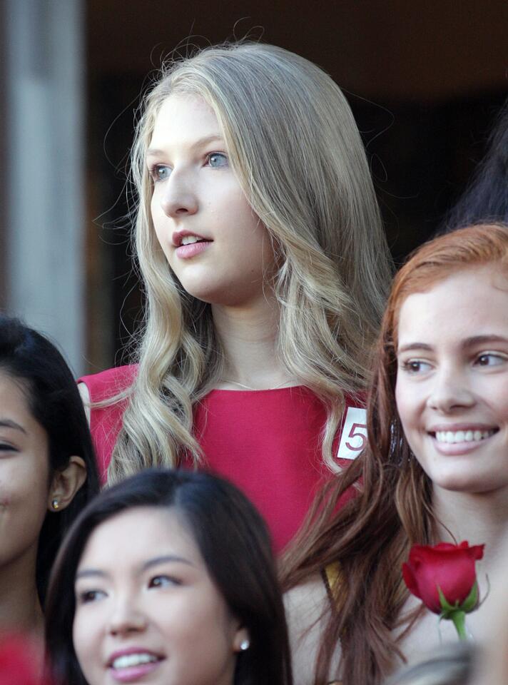 Flintridge Prep's Erika Karen Winter reactes after hearing her name announced to the Royal Court at the announcement of the 2016 Tournament of Roses Royal Court at the Tournament House in Pasadena on Monday, Oct. 5, 2015.