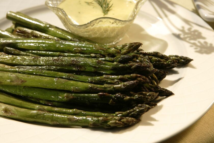Recipe: Pan-roasted asparagus with dill hollandaise sauce.