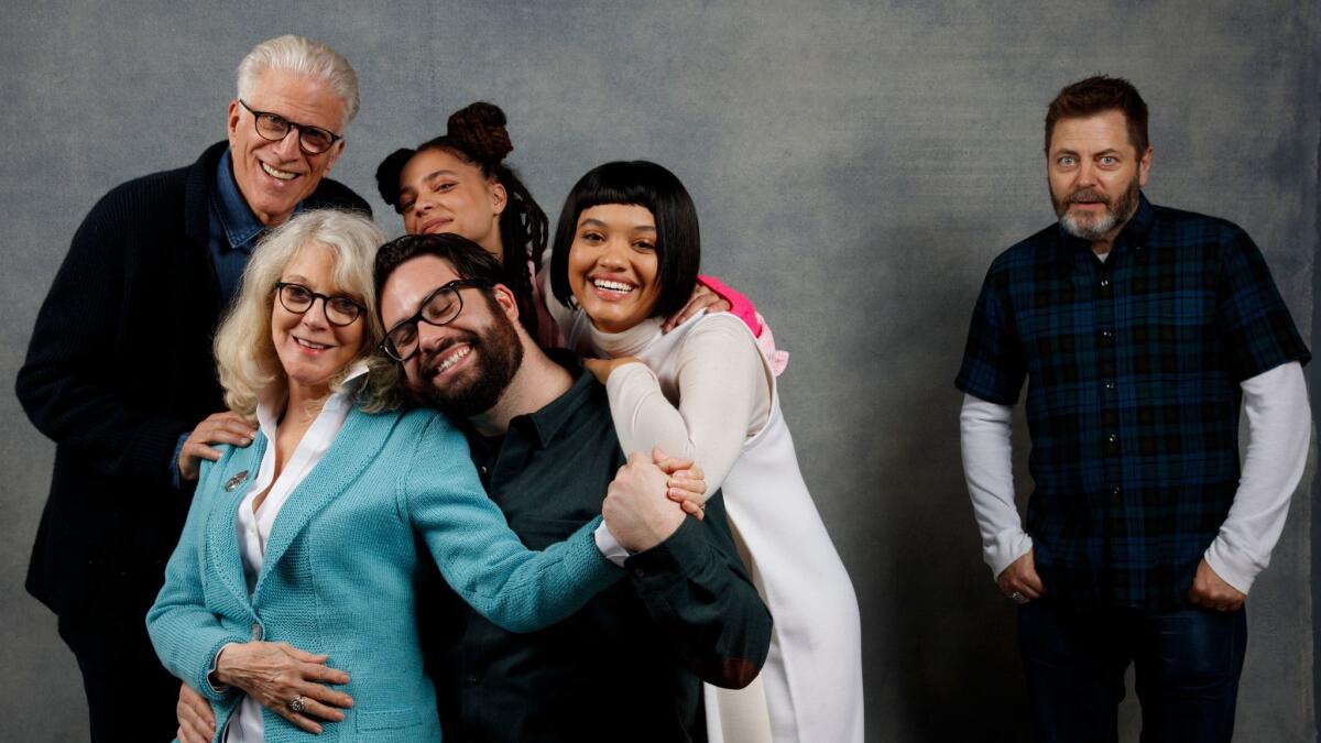 Blythe Danner, Ted Danson, Sasha Lane, Brett Haley, Kiersey Clemons and Nick Offerman from the film “Hearts Beat Loud” photographed in the L.A. Times Studio at Chase Sapphire on Main during this year's Sundance Film Festival.
