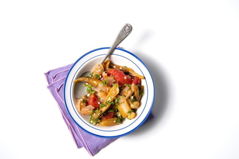 LOS ANGELES, CA-July 11, 2019: Okra and Tomato Relish recipe for Saturday Cooks on Thursday, July 11, 2019. (Mariah Tauger / Los Angeles Times / Prop styling by Nidia Cueva)