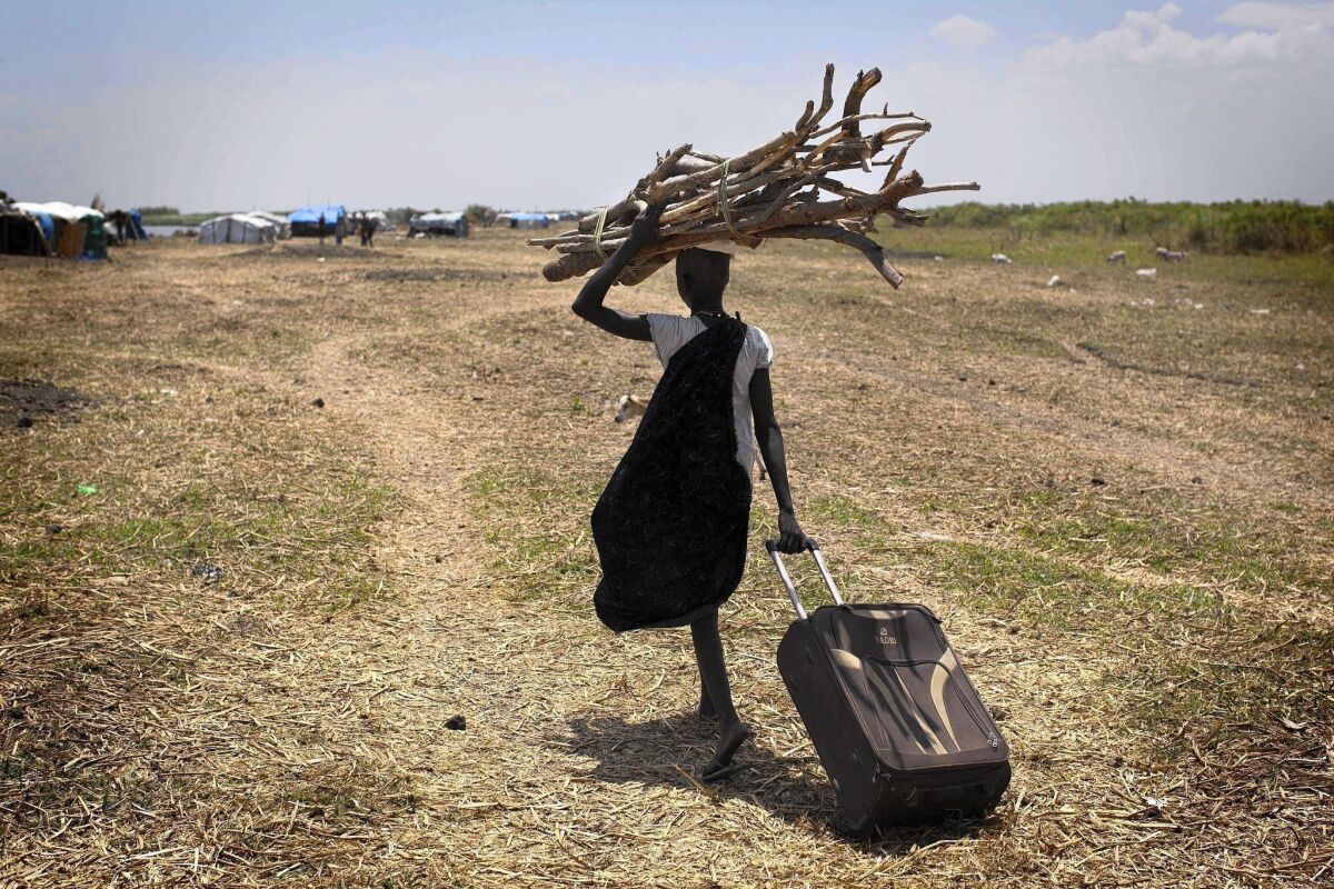 A South Sudanese woman gathers wood for her home at a camp for displaced Dinkas between Bor and Minkammen.
