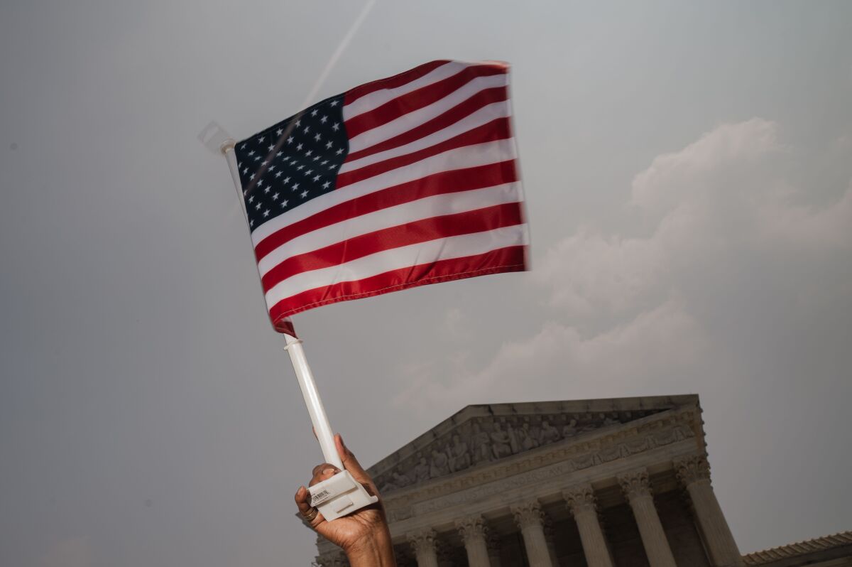 Протестующий держит в руке американский флаг, а Верховный суд США находится на заднем плане.