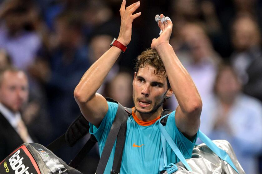 Rafael Nadal leaves the court after he lost to Borna Coric at the Swiss Indoors on Friday in Basel.