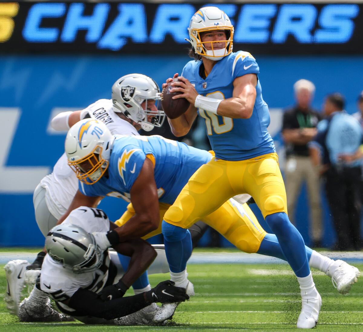 Chargers quarterback Justin Herbert looks to pass during the team's season opener.