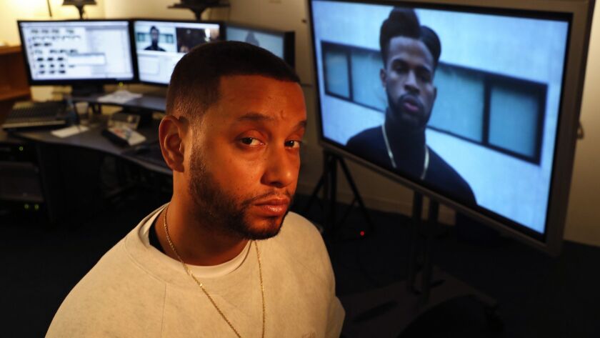 Director X, a.k.a. Julien Christian Lutz, whose upcoming film, "Superfly," is out in June, is photographed on April 8 in the editing room at Sony Pictures Studios in Culver City.