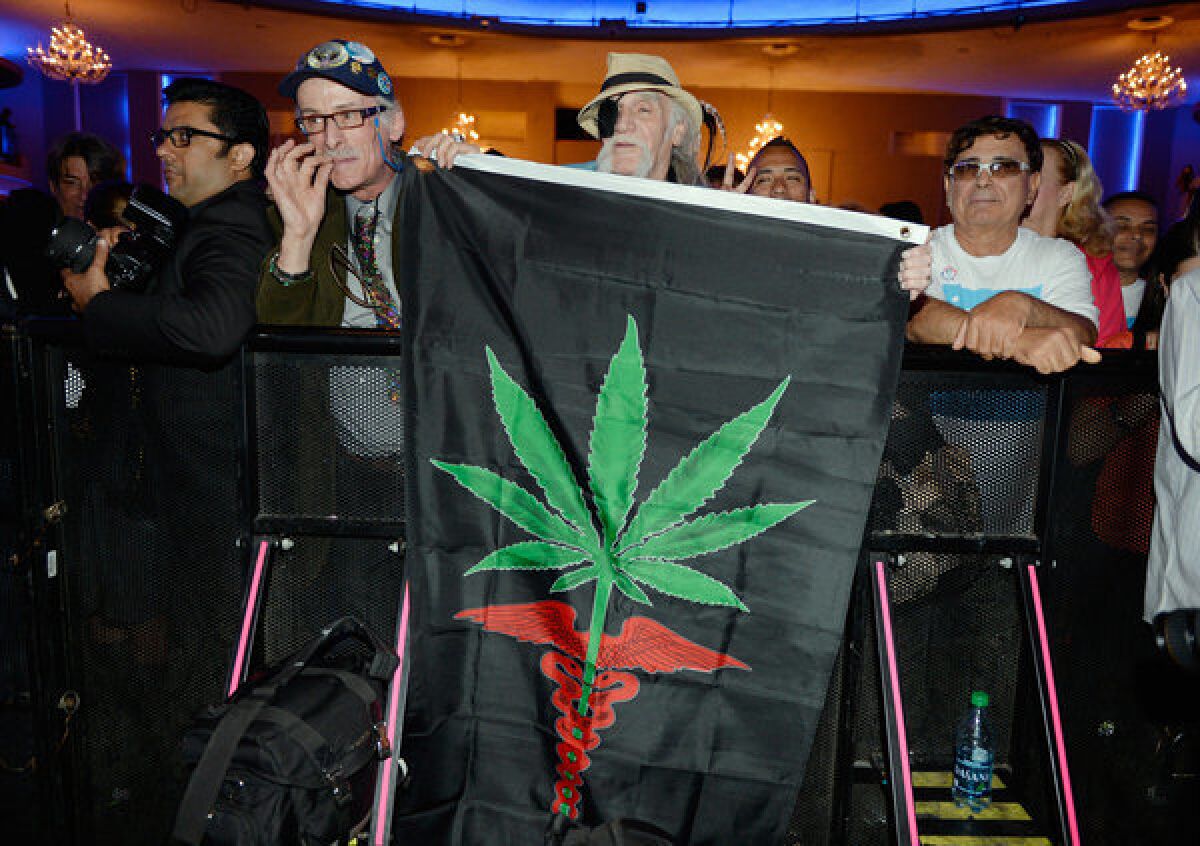 Supporters of Eric Garcetti hold up a medicinal marijuana flag during the election night party at The Hollywood Palladium.