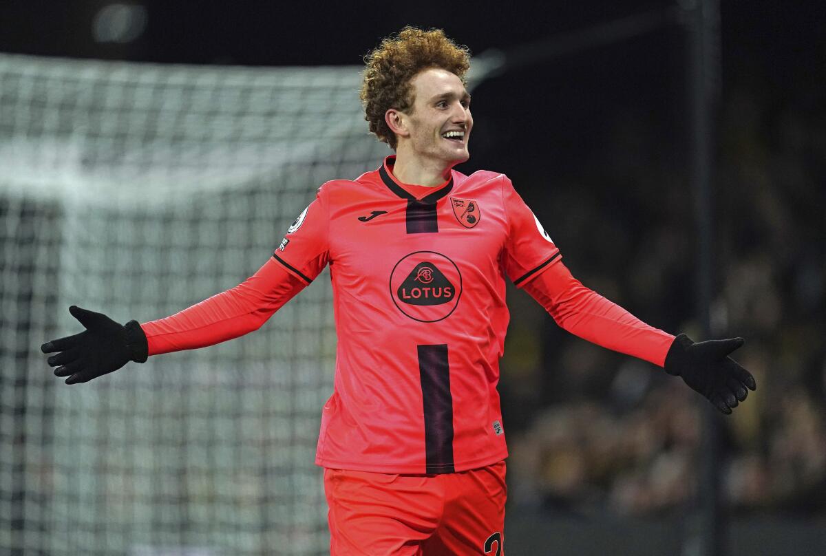 Norwich City's Josh Sargent celebrates scoring during the English Premier League soccer match between Watford and Norwich City at Vicarage Road, Watford, England, Friday Jan. 21, 2022. (Nick Potts/PA via AP)