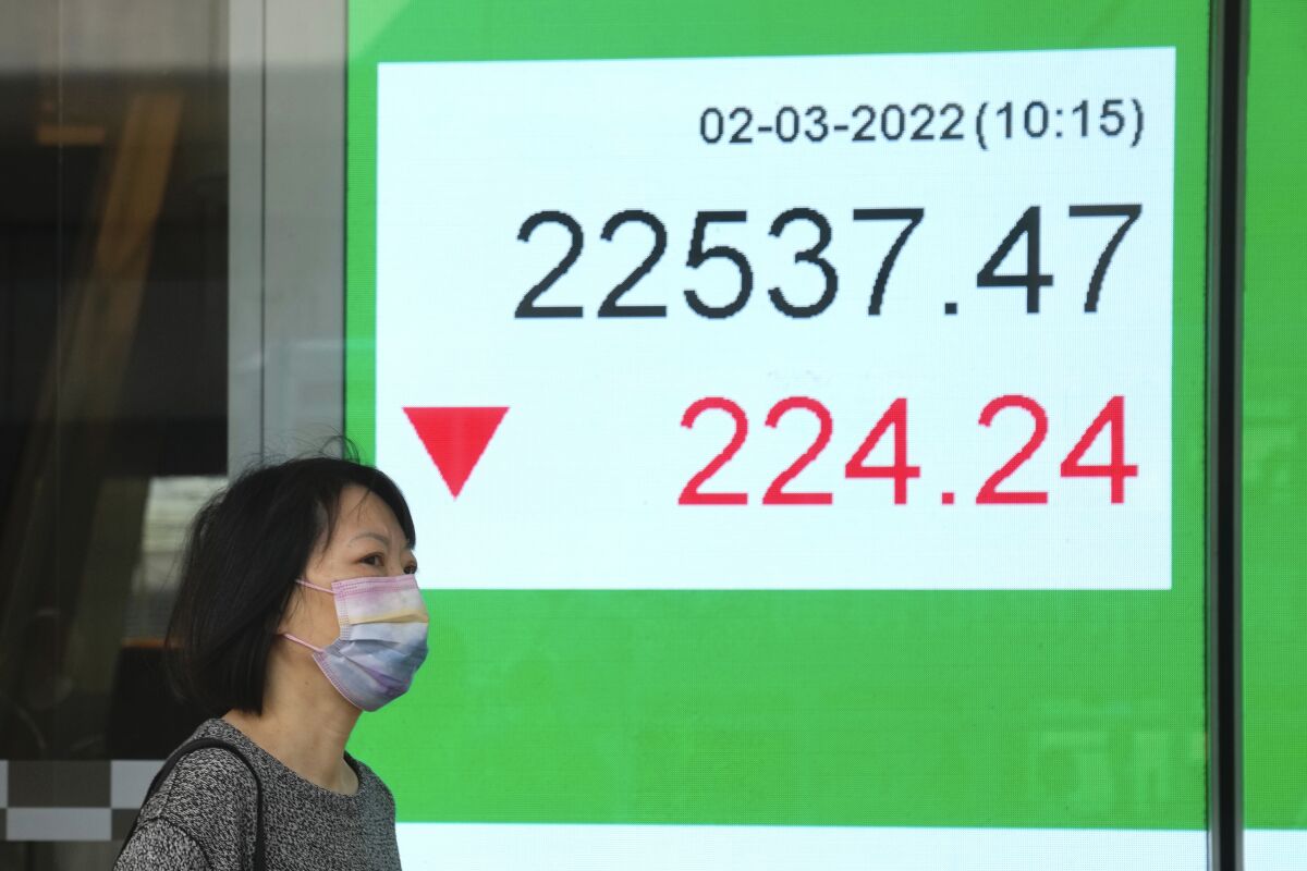 A woman wearing a face mask walks past a bank's electronic board showing the Hong Kong share index in Hong Kong, Wednesday, March 2, 2022. Asian stock markets slid Wednesday and oil prices surged more than $5 per barrel as Russian forces stepped up attacks on Ukrainian cities. (AP Photo/Kin Cheung)