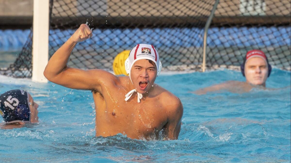 Studio City Harvard-Westlake High's Ethan Shipman celebrates a goal in the second half as Newport Harbor's Blake Jackson, right, looks on during the CIF Southern Section Division 1 title match at Irvine's Woollett Aquatics Center on Saturday.