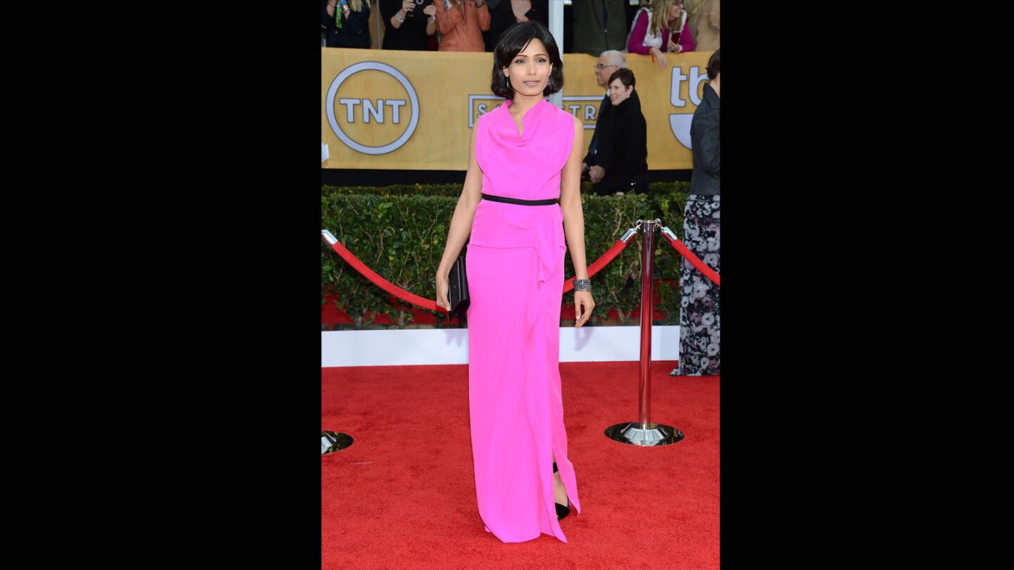 Freida Pinto's shocking pink draped Roland Mouret gown had the surprising detail of flirty black bows in back. Pinto is also wearing killer black Roger Vivier Papillon heels.