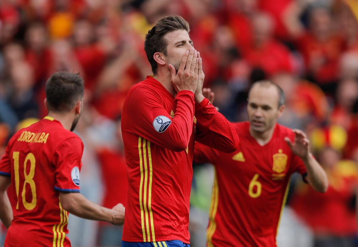 Spain's Gerard Pique celebrates after scoring the opening goal during a Euro 2016 Group D match against the Czech Republic.