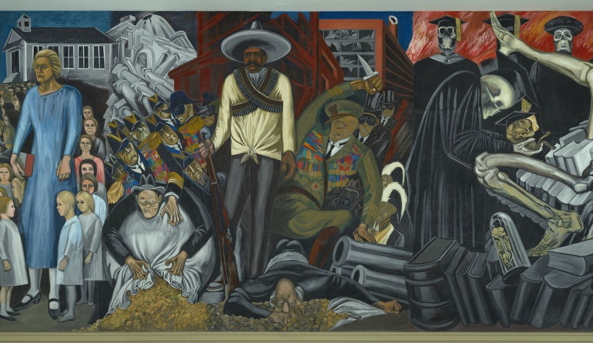 Jose Clemente Orozco, "The Epic of American Civilization (detail)," a mural at Dartmouth College, appears as a digital projection in the show. (Philadelphia Museum of Art)