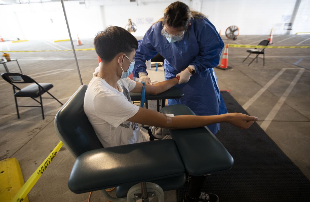 A healthcare worker draws blood from the arm of a seated patient