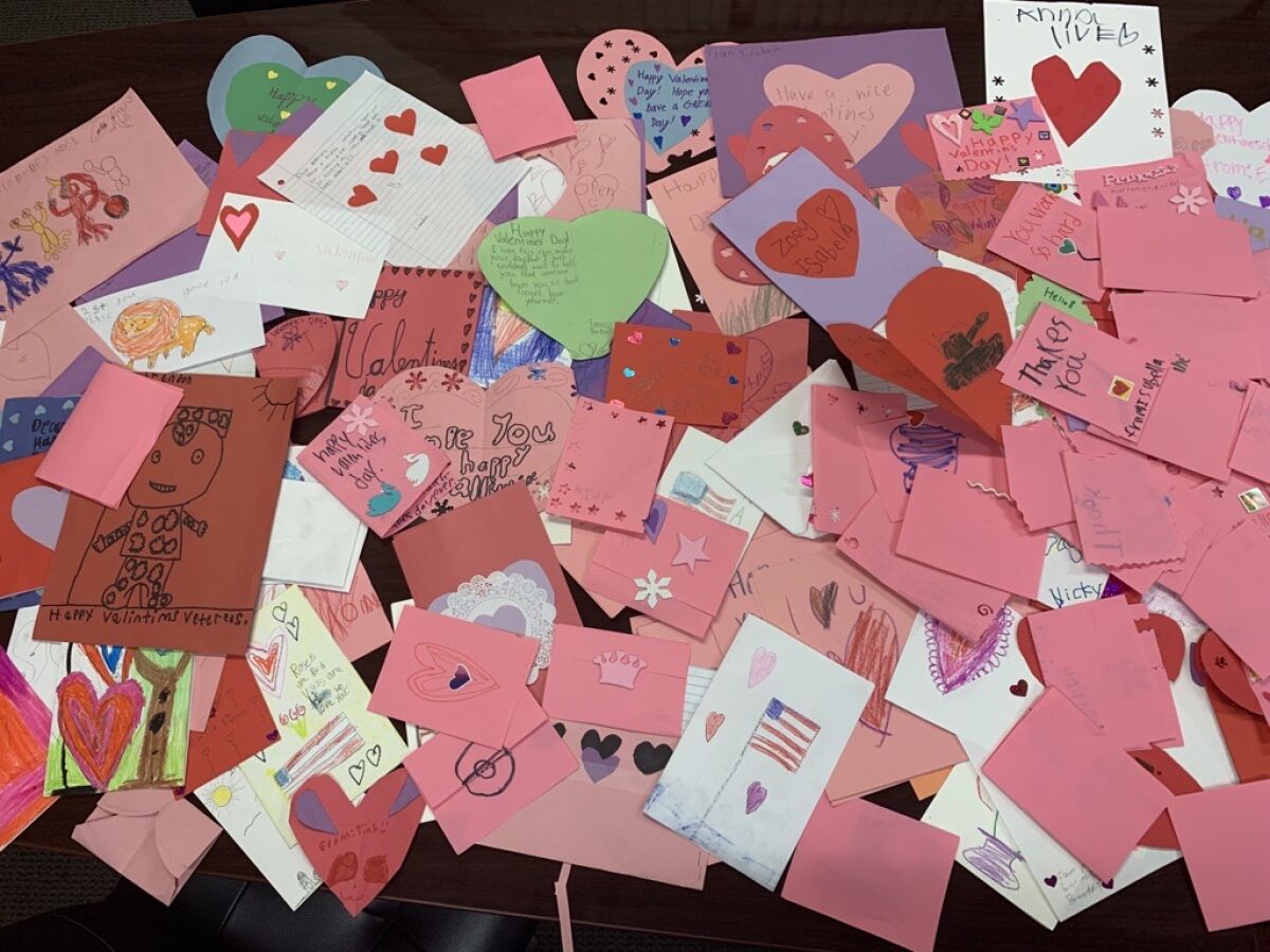 Valentine’s Day cards created by elementary school students for Rep. Scott Peters’ annual Valentines for Vets effort