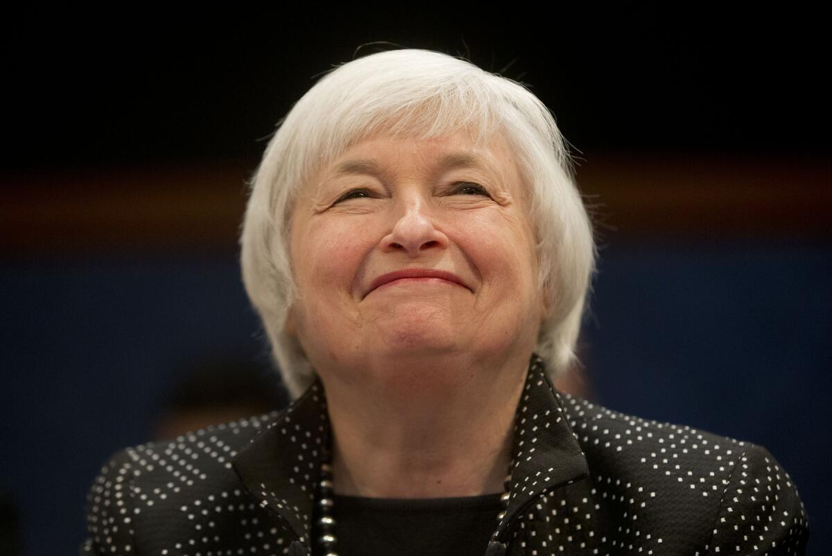 Federal Reserve Chair Janet Yellen smiles prior to testifying on Capitol Hill in Washington in February.