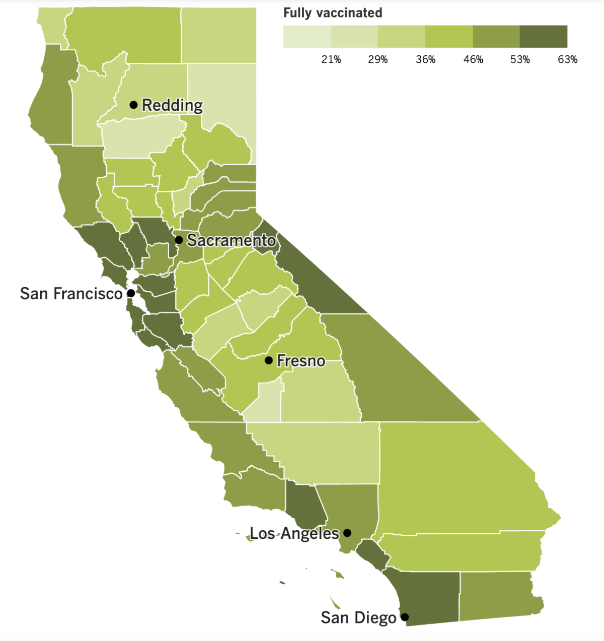 A map showing California's COVID-19 vaccination progress by county.