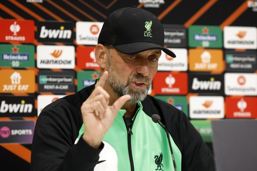 Liverpool manager Jurgen Klopp speaks during a press conference at Anfield, Liverpool, England, Wednesday Oct. 4, 2023. (Nigel French/PA via AP)