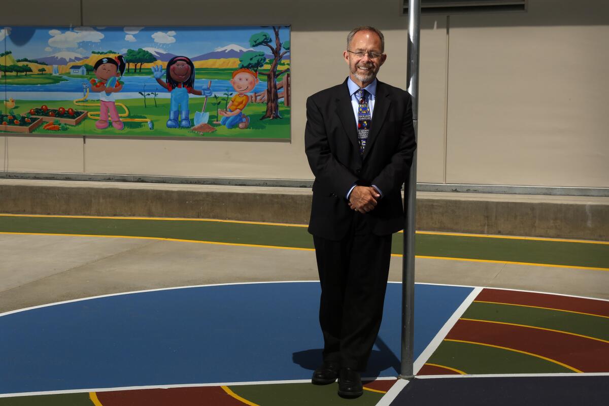 Long Beach Unified School District Supt. Christopher Steinhauser at the newly rebuilt Theodore Roosevelt Elementary School in Long Beach. ( Rick Loomis / Los Angeles Times )