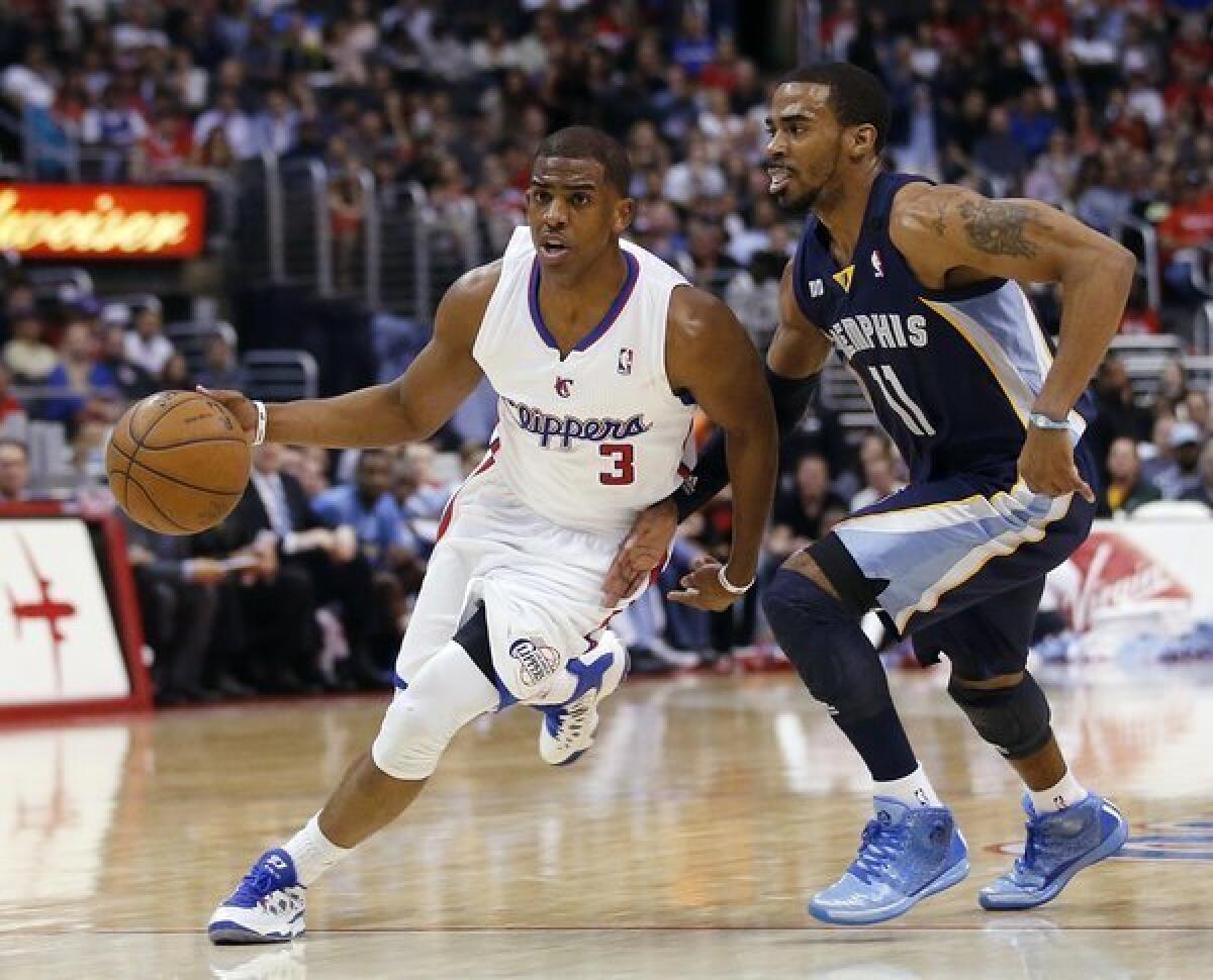 Clippers point guard Chris Paul drives against Grizzlies point guard Mike Conley during a game last season.