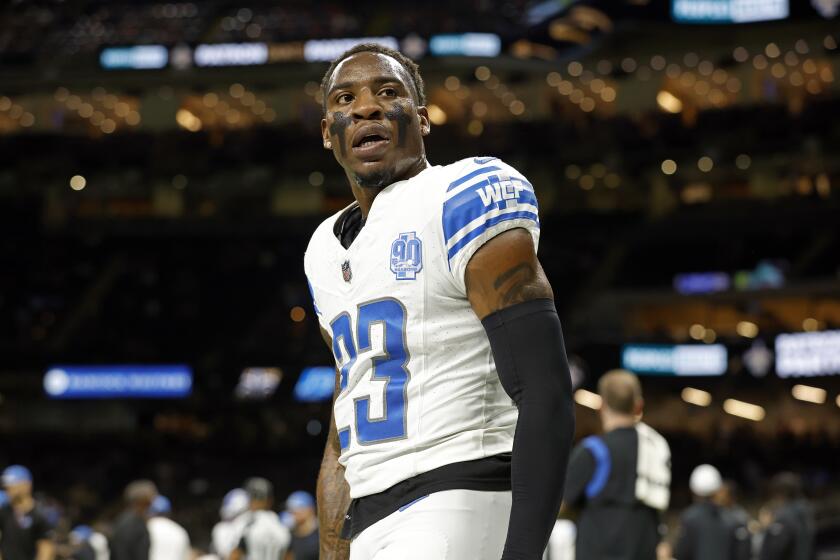 Detroit Lions cornerback Jerry Jacobs (23) warms up before an NFL football game against the New Orleans Saints, Sunday, Dec. 3, 2023, in New Orleans. (AP Photo/Tyler Kaufman)