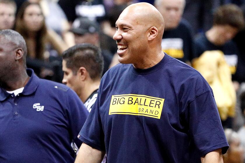 LaVar Ball sports one of his family's Big Baller Brand T-shirts during a game between Chino Hills and Bishop Montgomery.