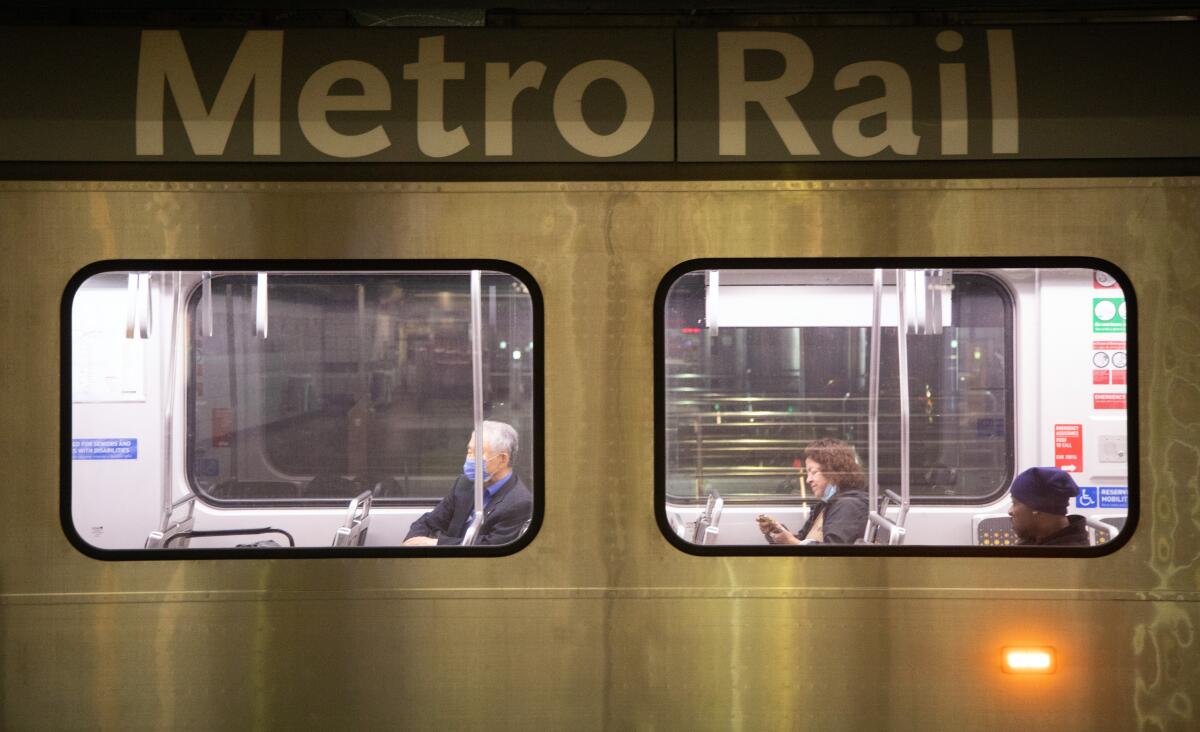 Passengers wait to depart at the 7th Street / Metro Center station in downtown L.A. in 2023.