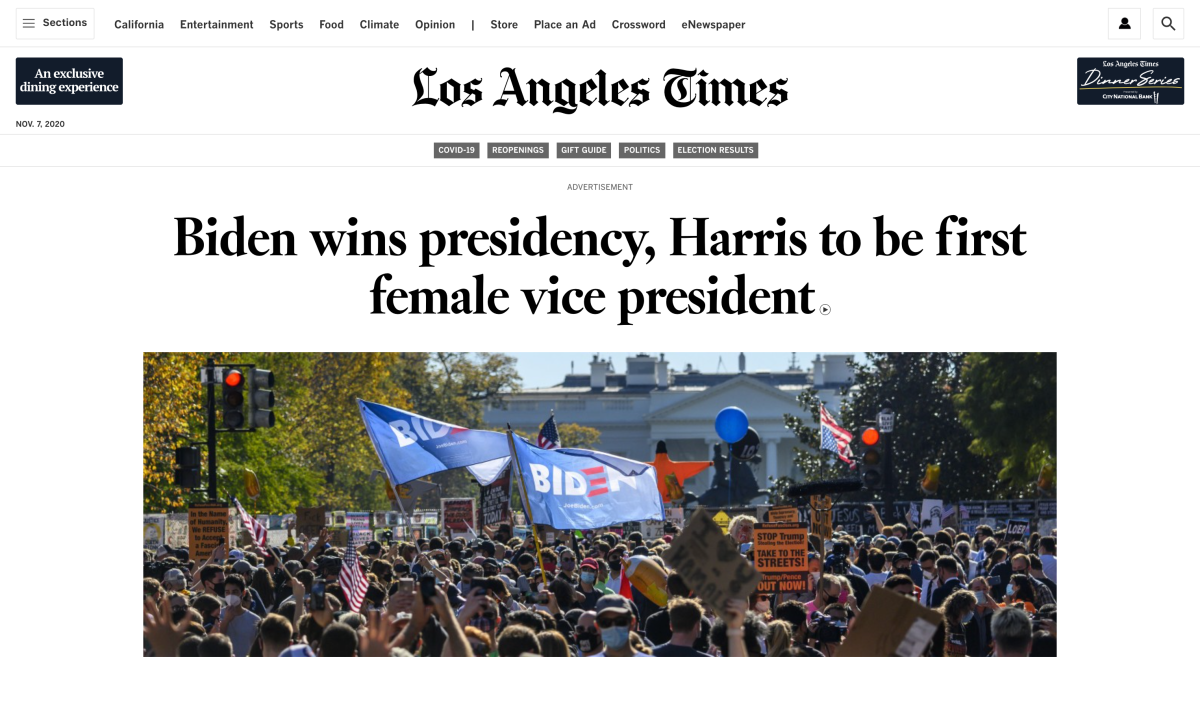 Latimes.com homepage: Biden wins presidency, Harris to be first woman VP