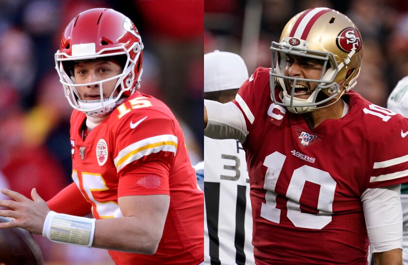 Kansas City Chiefs quarterback Patrick Mahomes, left, and San Francisco 49ers quarterback Jimmy Garoppolo on Jan. 19.