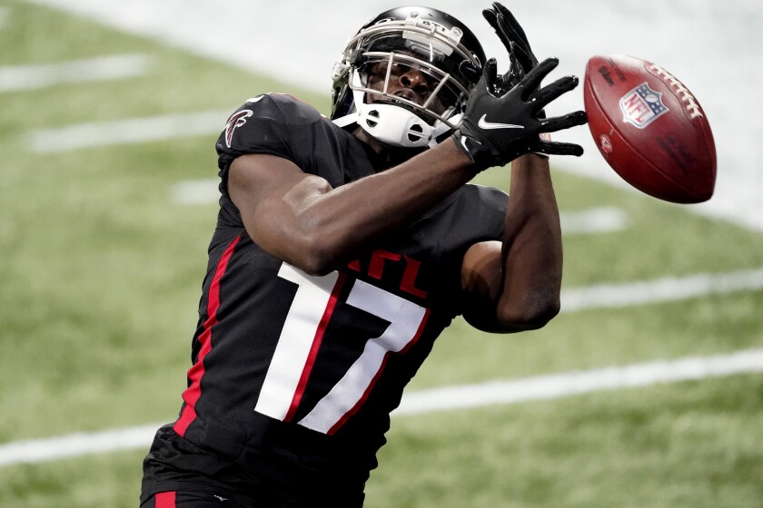 Atlanta Falcons wide receiver Olamide Zaccheaus (17) misses a catch in the end zone against the Las Vegas Raiders during the first half of an NFL football game, Sunday, Nov. 29, 2020, in Atlanta. (AP Photo/John Bazemore)