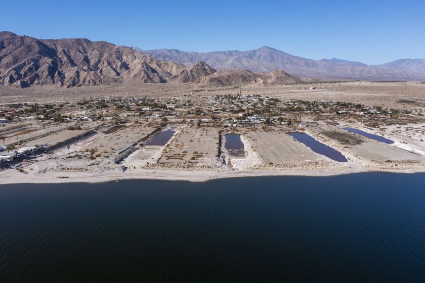 An aerial view of the community of Desert Shores on the northwest side of the Salton Sea.